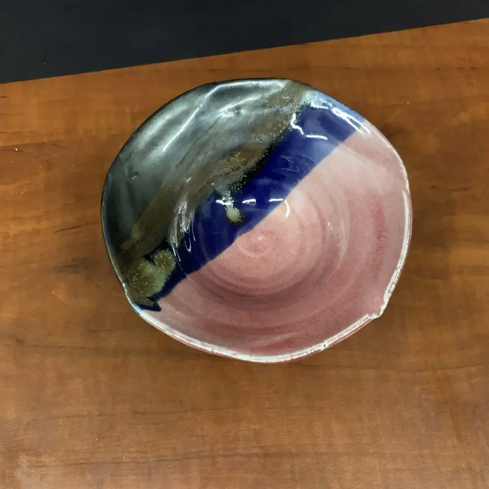 Glazed Ceramic Pottery Bowl Multicolor Pink Blue Brown